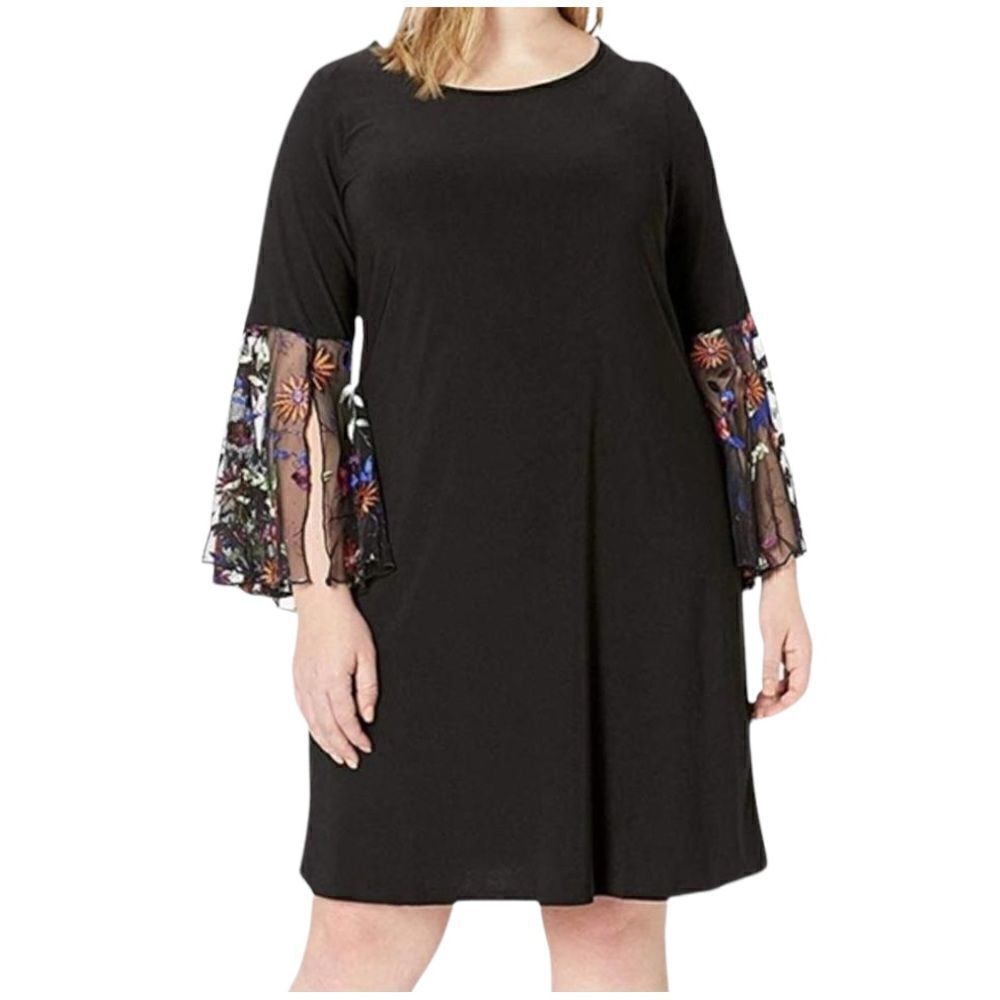 Plus Size Black Dress with Floral Mesh Bell Sleeves